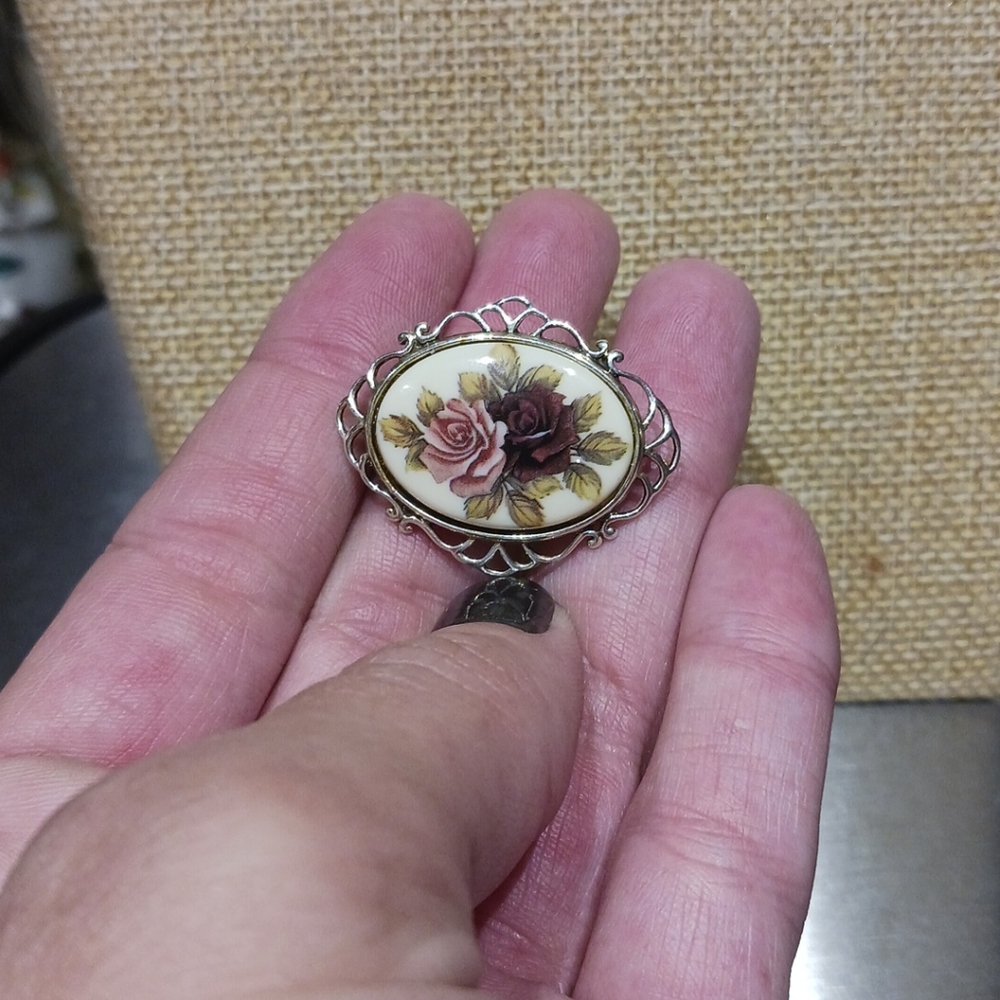 Vintage Denmark Sterling Silver Rose Pink & Purple 1” Brooch Signed